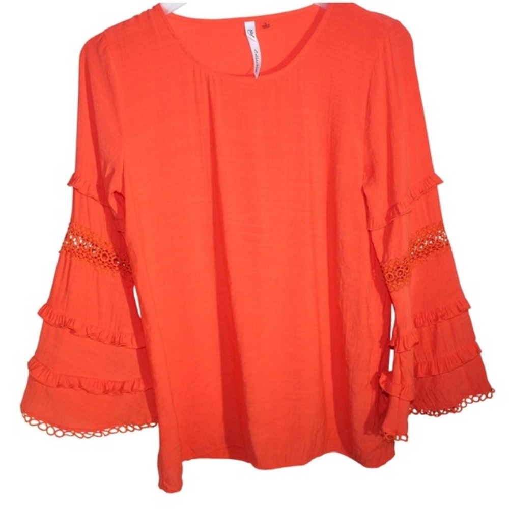 NY Collection Women Coral Orange Tiered Ruffle Bell Sleeve Crochet Blouse